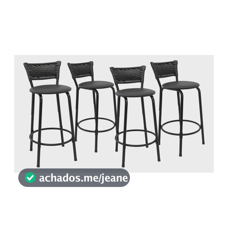 Kit 4 Banquetas Altas Itagold de Aço e Junco Preto com Encosto para Balcão 60cm