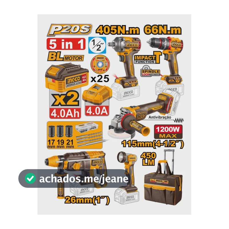 Kit 5 Ferramentas 20v Brushless 2x 4ah Ckli20595-9 Ingco
