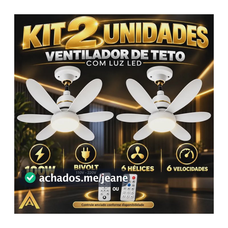 Kit de 2 Mini Ventiladores de Teto AAA Top 40cm com Luz LED e Controle Remoto