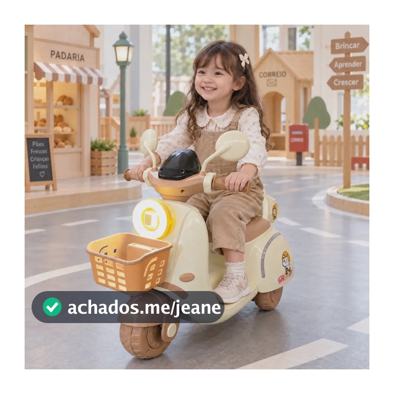 Moto Elétrica Infantil Scooter Retrô Com Led Baú E Cestinha Bege