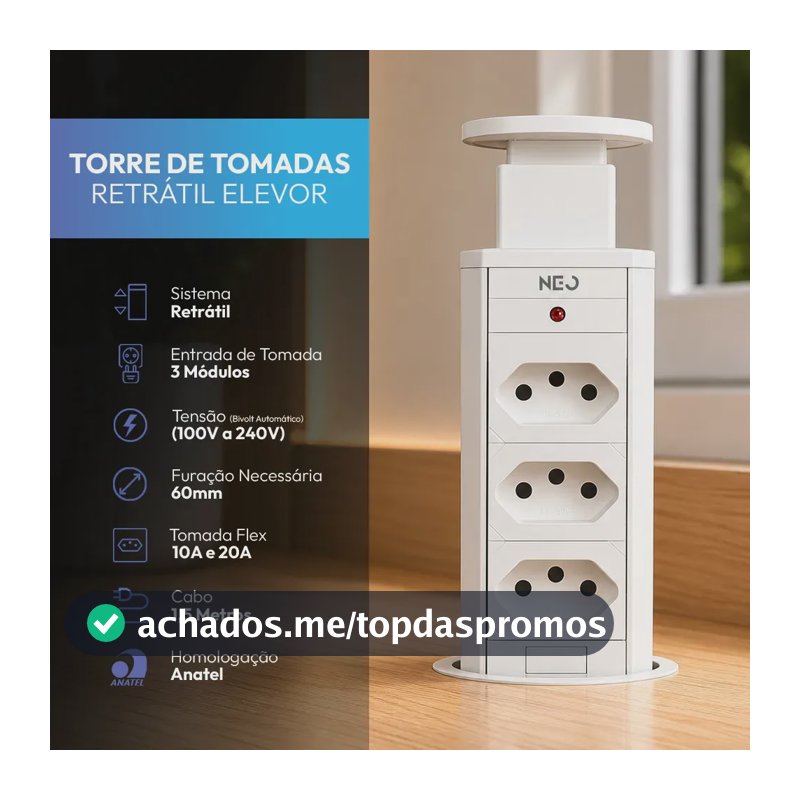 Torre 3 Tomadas Embutir Retrátil Elevor Para Bancada Branco Cod: 370025676 Neo Avant