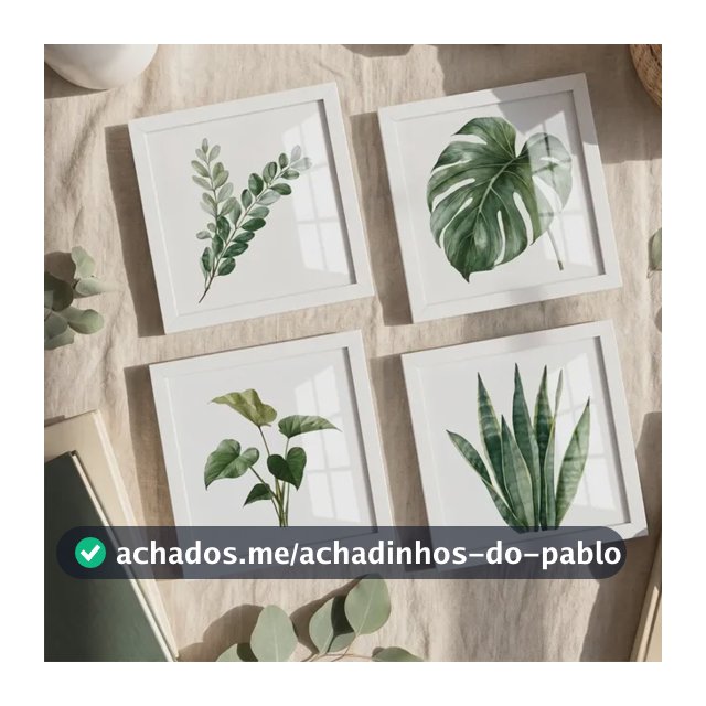 Kit 4 Quadros Decorativos Botânicos Plantas 18x18 Sala Branco