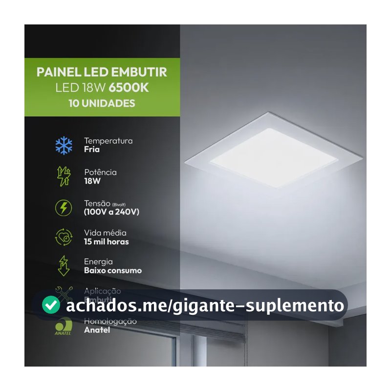 Kit 10 Painel led Plafon Embutir 18w 6500k Branco Frio 12cm 110v/220v Bivolt Quadrado Branco Cod:399211371 Easy By Avant