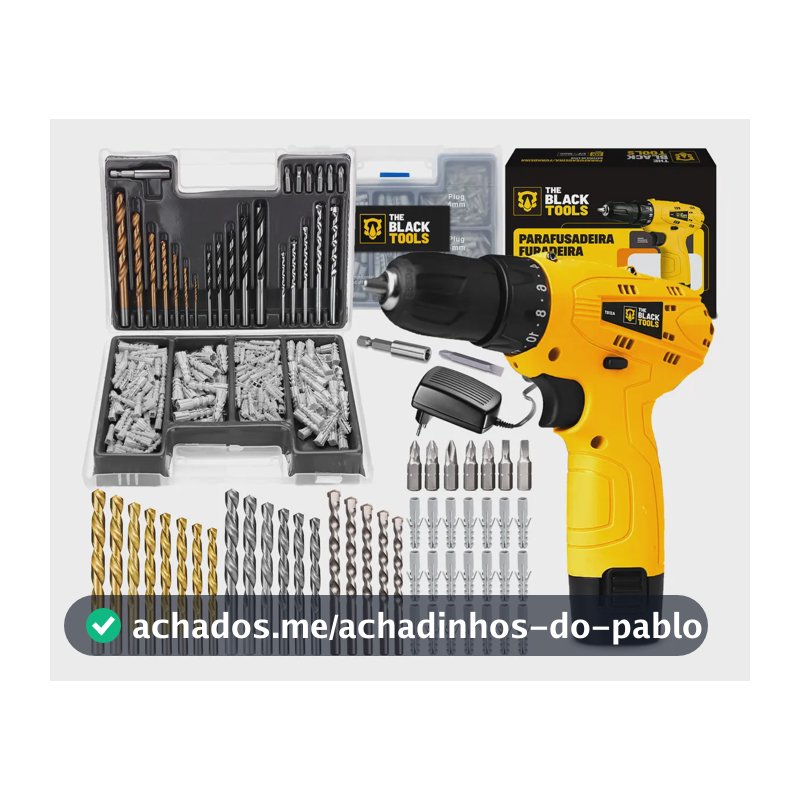Furadeira Parafusadeira A Bateria 12V 3/8” 10mm Bivolt 350 Rpm The Black Tools + Jogo De Brocas Bits Buchas C/ 300 Peças