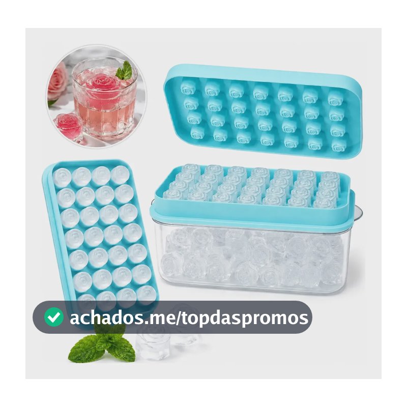 Forma De Gelo Silicone 28 Cubos Em Formato De Rosa Com Reservatório E Tampa Azul
