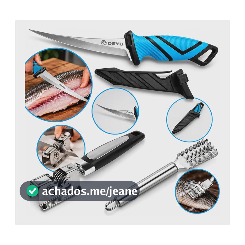 Kit Limpeza Peixe Faca Fileteira 5 Afiador E Descamador Inox