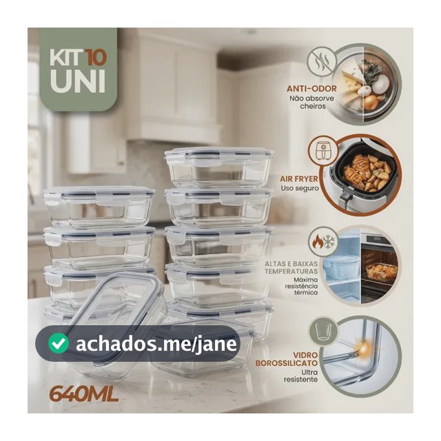 Kit 10 Pote De Vidro Marmita Hermético 640ml Freezer Fitness Rishon