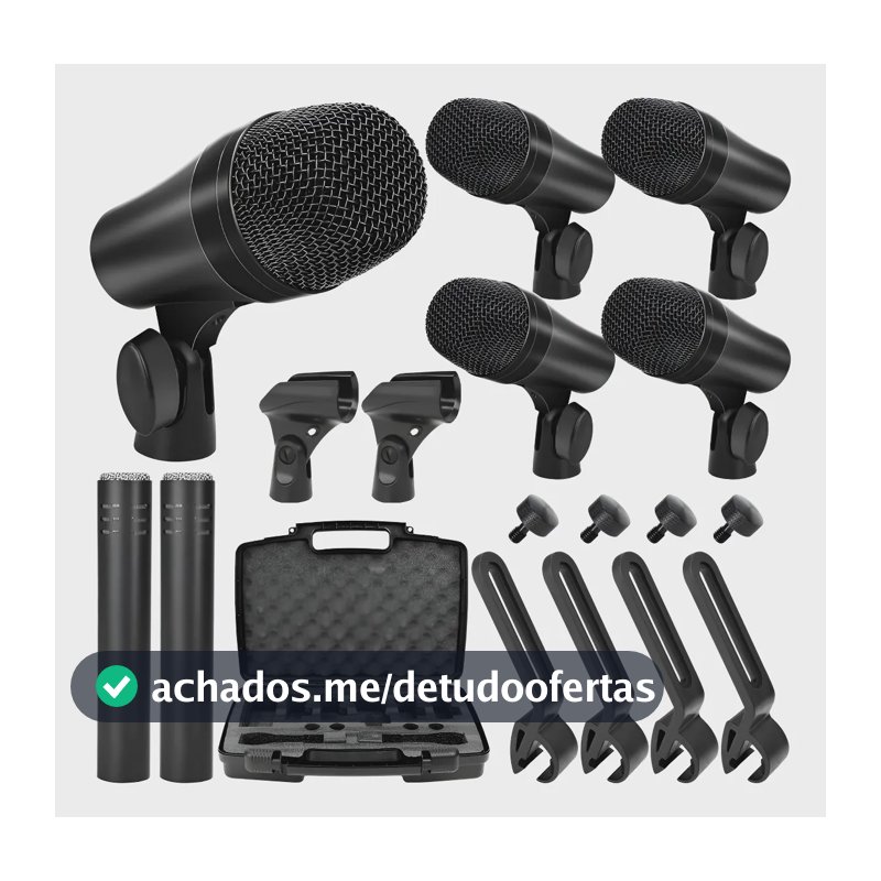 Kit Microfone Para Bateria 7 Peças Em Case Percussão Bumbo Preto