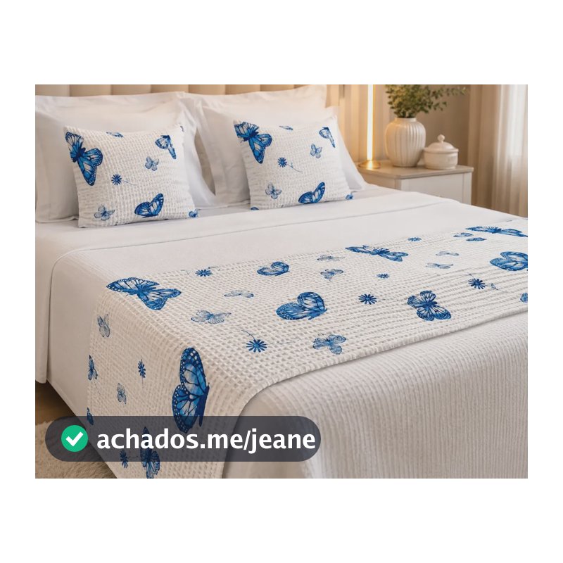 Kit Peseira King Piquet + 2 Capas Almofada Cama Borboleta Branco Com Estampa Azul Borboleta