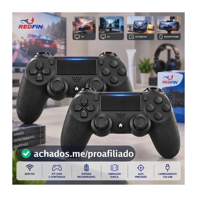 Kit 2 Controle Para Ps4 Sem Fio Pc Bluetooth Vibração Dupla Joystick Compatível Ps4 Videogame Tv Pc Celular Android Manete Smart Tv - Preto Redfin