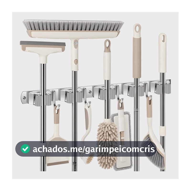 Suporte De Parede Inox Vassoura, Rodo E Mop E 9 Organizador Cinza