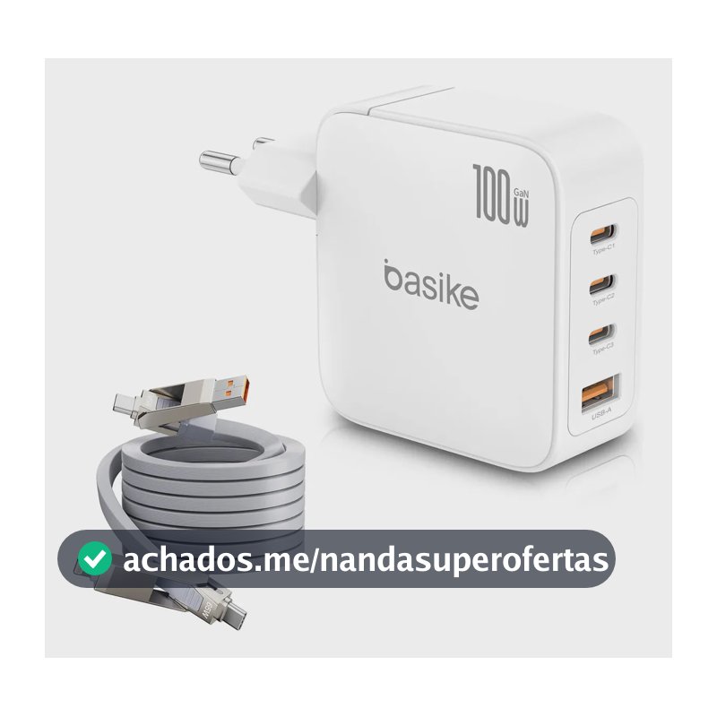 Carregador de Parede Basike 100W Turbo GaN com 3 USB-C e 1 USB-A, e Cabo de Dados 4 em 1
