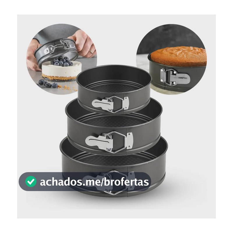 Kit 3 Formas Para Bolo Torta Com Fundo Removível Antiaderente Aço Carbono Redondas Preto