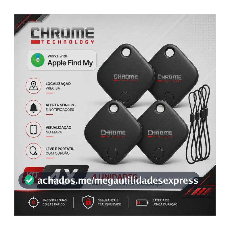 Chaveiro Localizador Smart Tag Kit 4 Rastreador Ios Apple Gps Com Cordão Chaveiro Cor Preto Compatível Com iPhone Chrome Technology