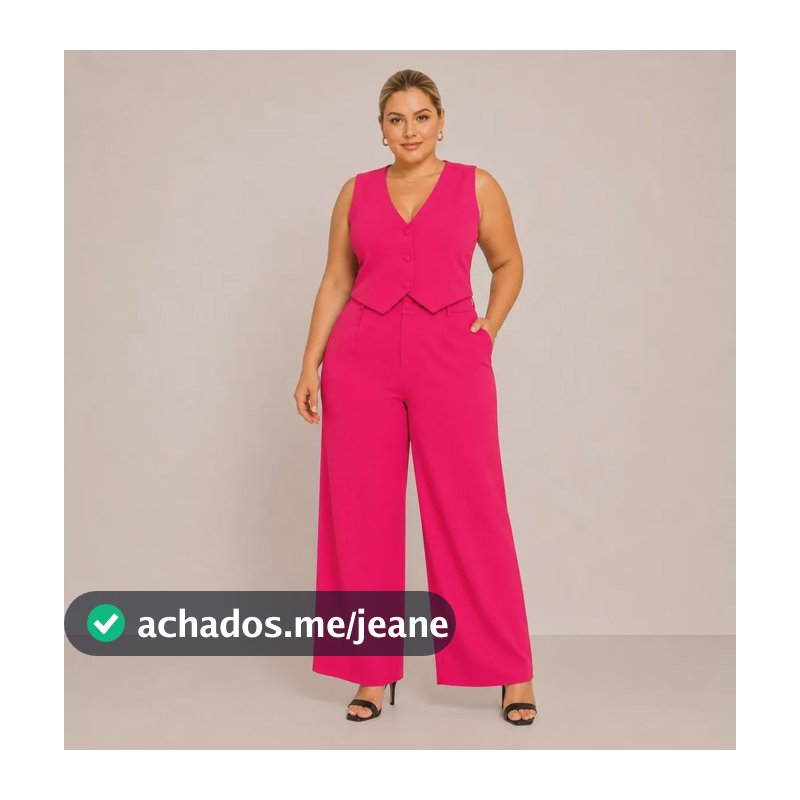 Conjunto Plus Size Colete Calça Pantalona Social Alfaiataria Rosa M 38