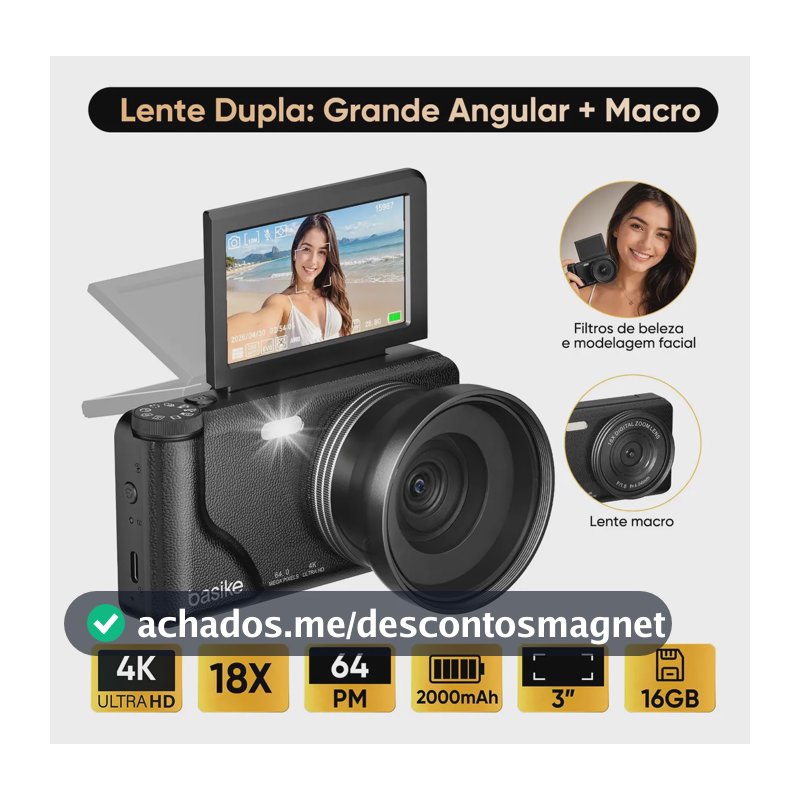 Câmera Fotografica Digital 4K Ultra HD 64MP 18X Com Lente Dupla: Grande Angular + Macro, Câmera Portátil Basike Com flash,Cartão Sd De 16gb, Função Webcam ,3" Tela Giro 180°,Bateria 2000mAh Preto