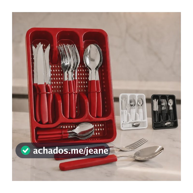 Faqueiro Inox 25 Peças Jogo Talheres Porta Talher Completo Vermelho