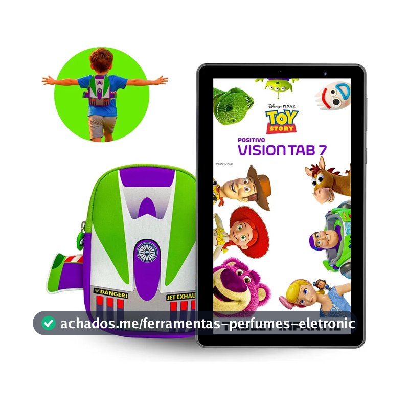 Tablet Infantil Positivo Vision TAB 7 Toy Story Disney 3GB RAM 64GB (expansível até 512GB) Octa-Core Tela 7” Wi-fi Android 14 Go, acompanha Mochila do Buzz Lightyear e Capa de Proteção de Silicone