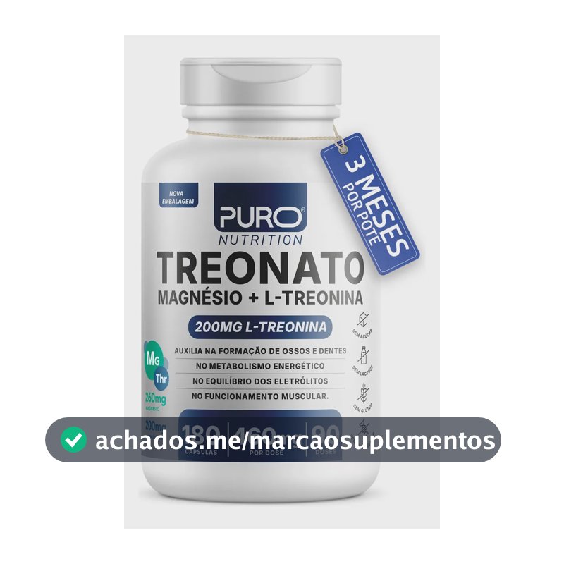 Treonato Puro Nutrition Magnésio + L-Treonina, Alto Teor de Magnésio por Porção, 180 Cápsula