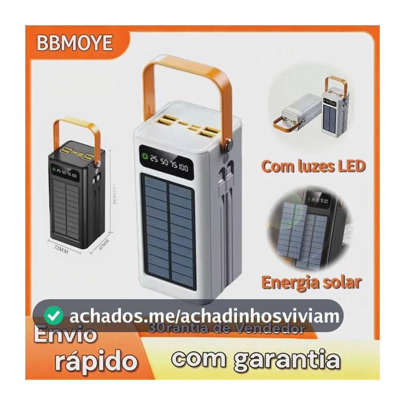 Power Bank Solar 50.000 mAh Carregador Portátil Turbo com Display LED e Lanterna para Viagem e Emergência BBMOYE