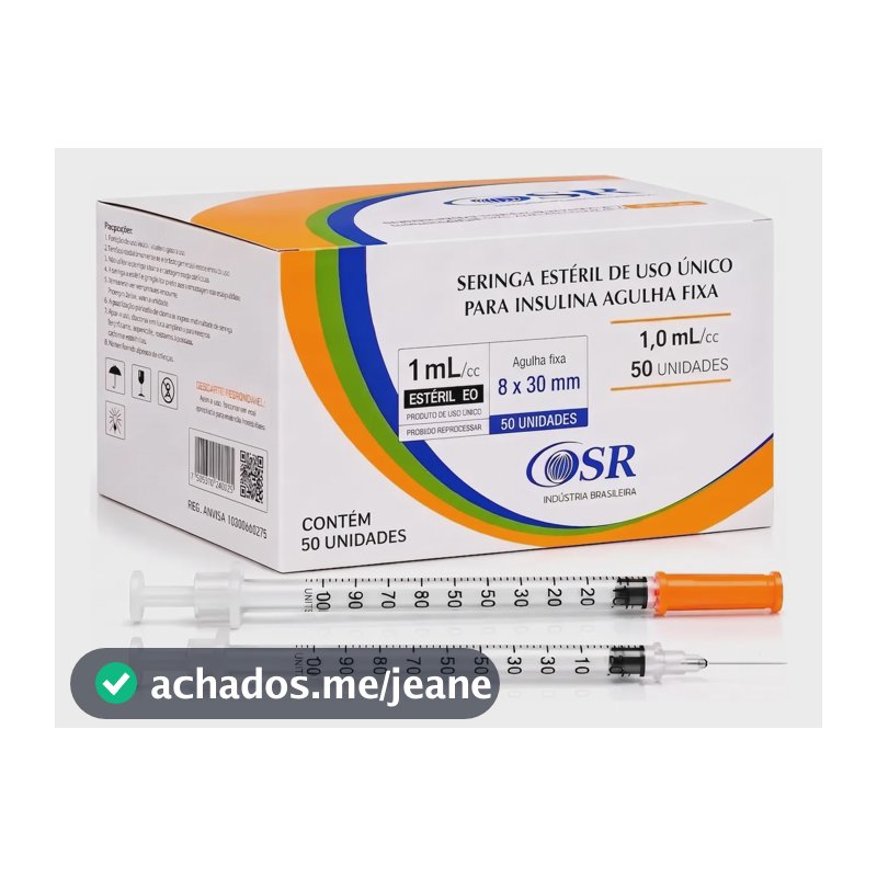 Seringa Insulina 100ui Agulha Fixa 8mmx30mm 1ml 50 Unidades 1 Ml