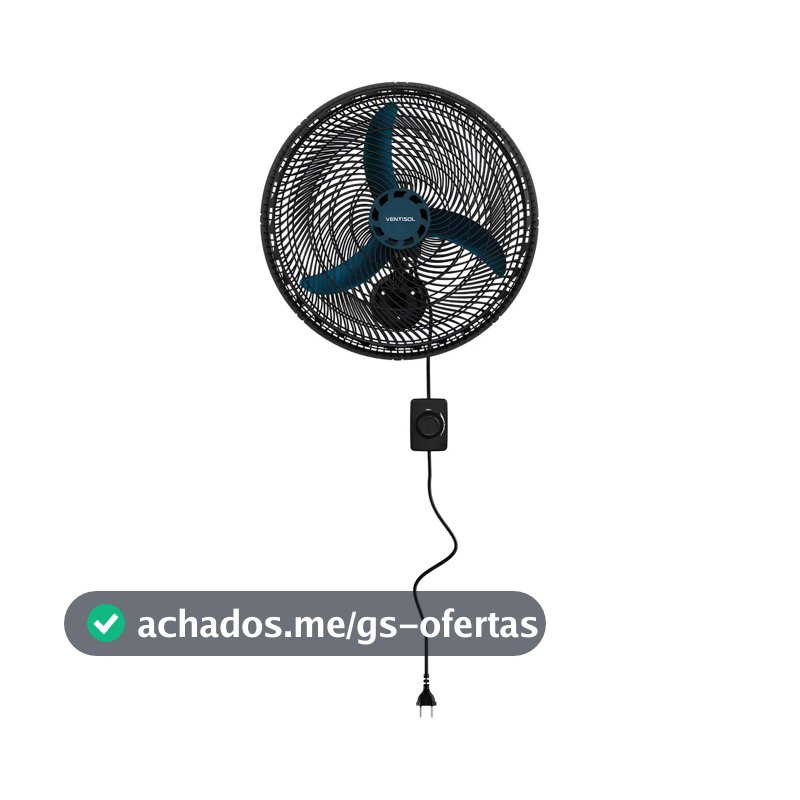 Ventilador De Parede Ventisol New Azul 3 Velocidades Estrutura Preto Diâmetro 50 Cm Material Das Pás Plástico
