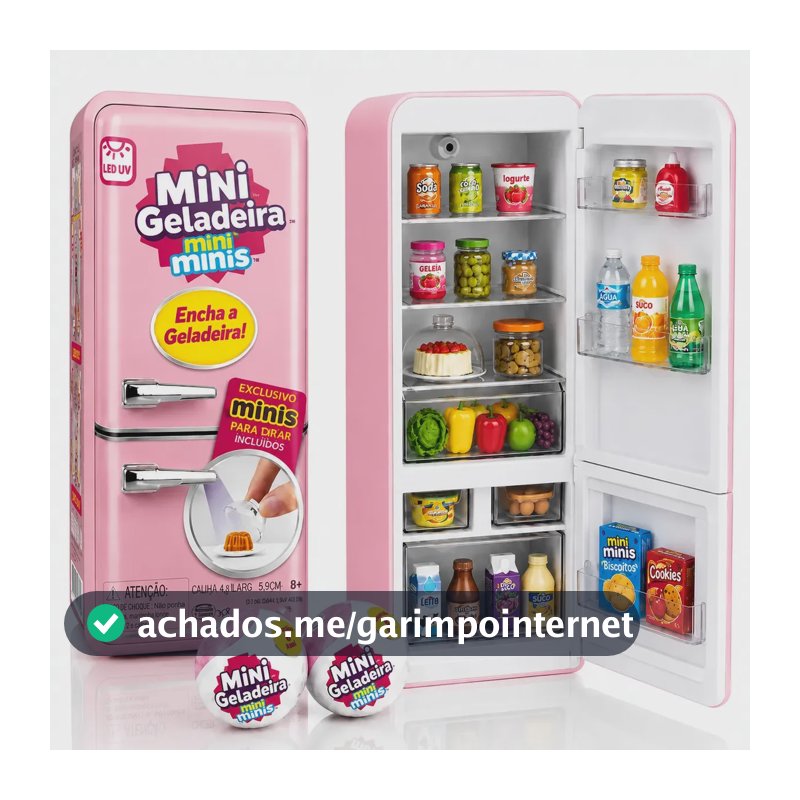 Mini Geladeira de Brinquedo Epsilon Rosa com Luz LED e 2 Cápsulas Surpresa