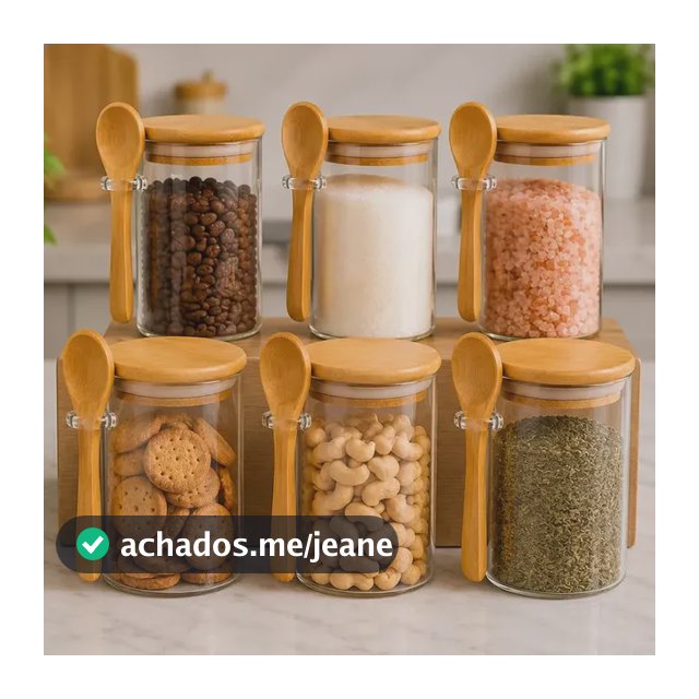 Kit 6 Potes De Vidro Herméticos 200ml Com Tampa De Bambu E Colher Porta Mantimentos Café Açúcar Temperos Grãos Organizadores Cozinha Marrom-claro