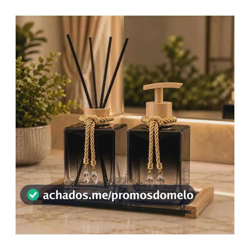 Kit Lavabo Sabonete Liquido + Difusor Cubo + Bandeja Luxo Preto Degrade C/ Amadeirado