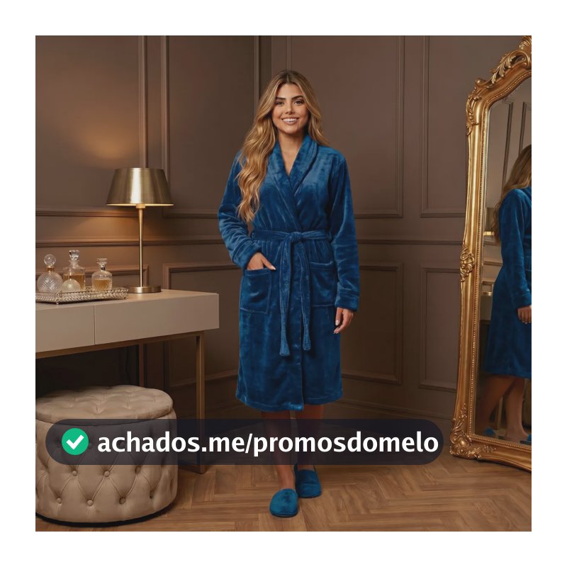 Roupão Adulto Microfibra Plush Macio Com Bolso Cinta Unissex Azul-marinho P/g