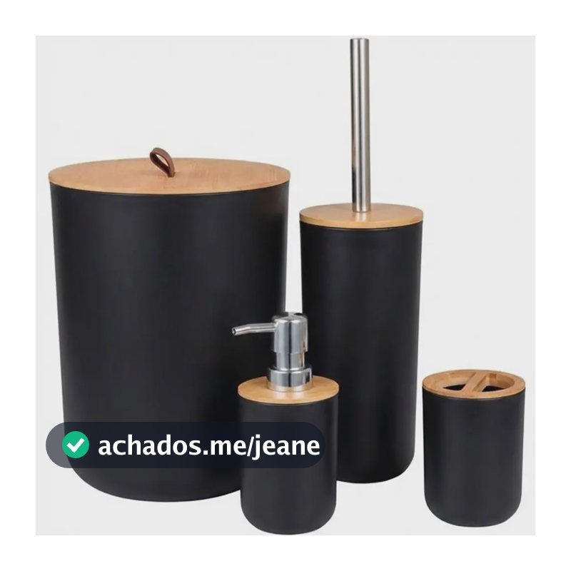 Kit Banheiro Preto 4 Peças Redondo Plástico e Bambu Lixeira com Tampa Dispenser Sabonete Líquido Porta Escova de Dente Escova Sanitária Acessórios para Lavabo Shokki