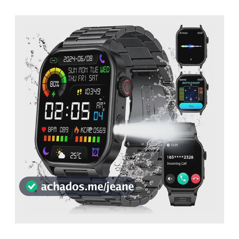 Smartwatch Relógio Inteligente Masculino Militar Esportivo Preto Aço Inoxidável