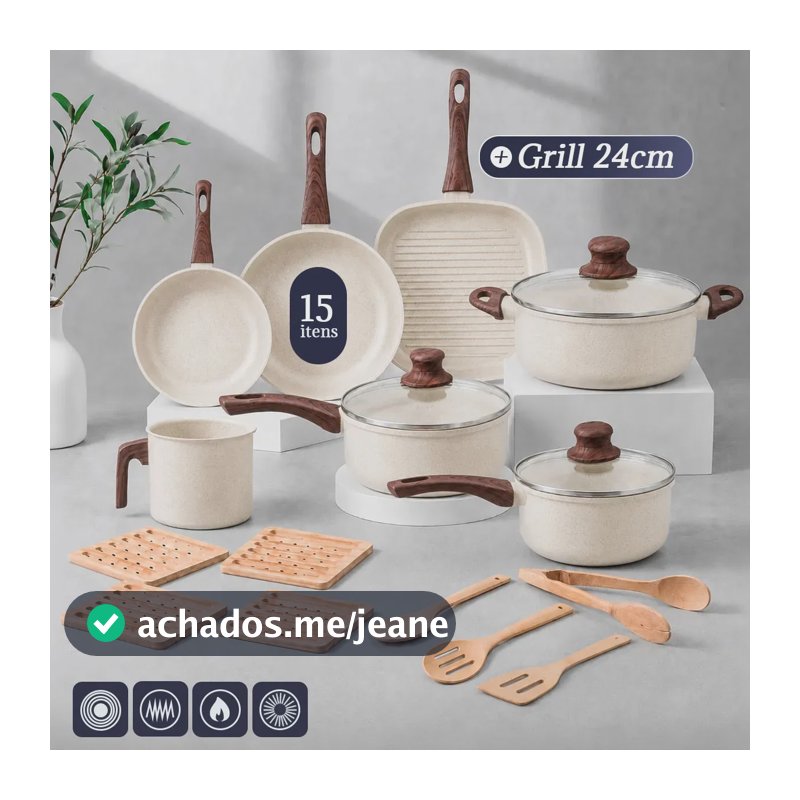 Jogo de Panelas Tuut Ecoglide Antiaderente com Grill 24cm e 15 Peças, Cerâmica Cream para Indução