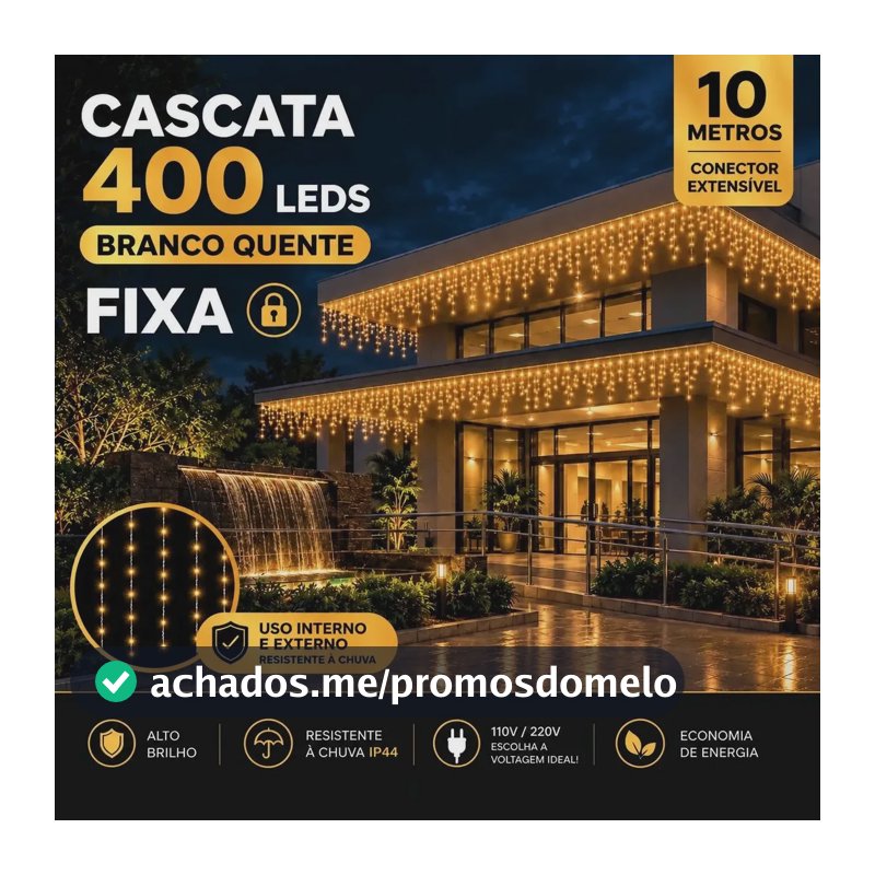 Cascata Natal Luz Fixa 400 Leds 10 Metros Branco Quente Branco Quente 220v