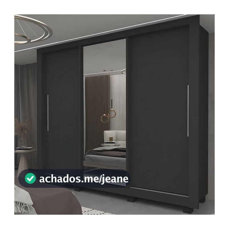 Guarda-roupa Casal Yescasa Milão 3 Portas Espelho Preto MDF 191x208x45cm