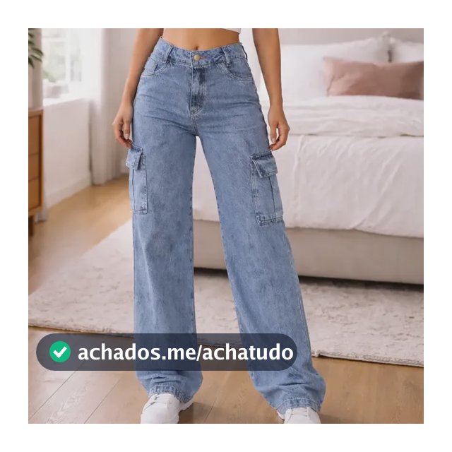 Calça Cargo Feminina Wide Leg Cintura Alta Jeans  Stillger