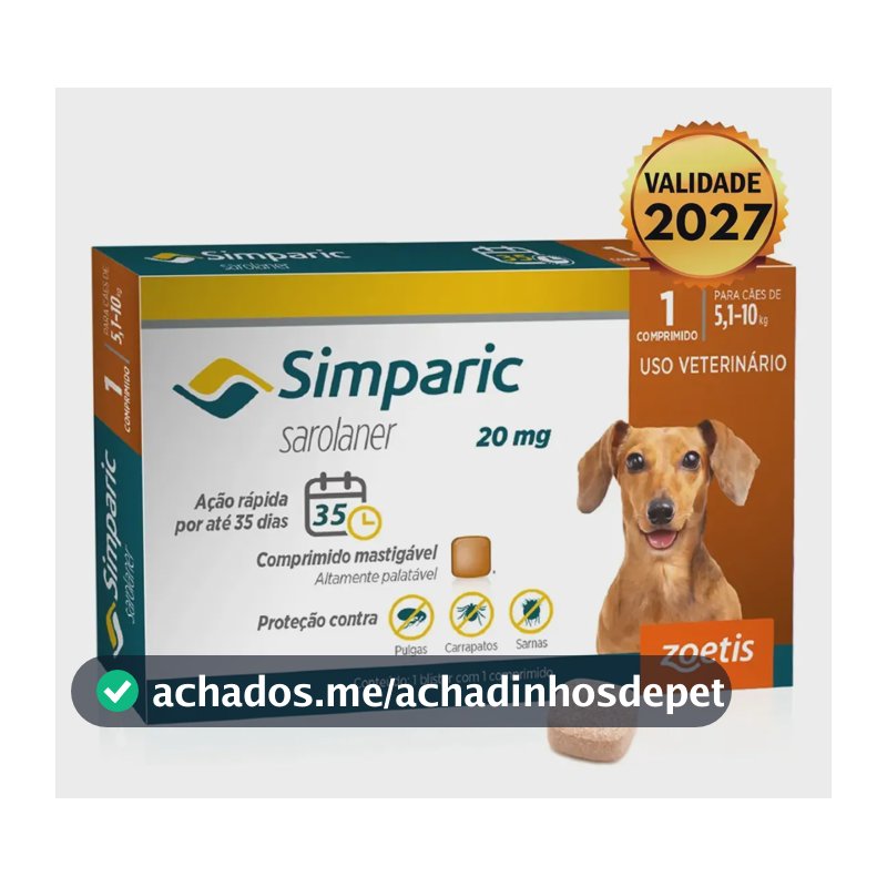 Simparic 20mg Antipulgas Para Cães 5.1 A 10kg Zoetis 1 Comprimido