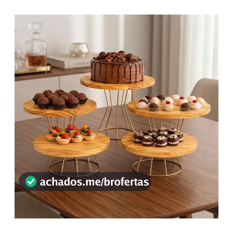 Kit Boleira Suporte Mesa 5 Peças Ferro E Madeira Dourado Festa Bolos