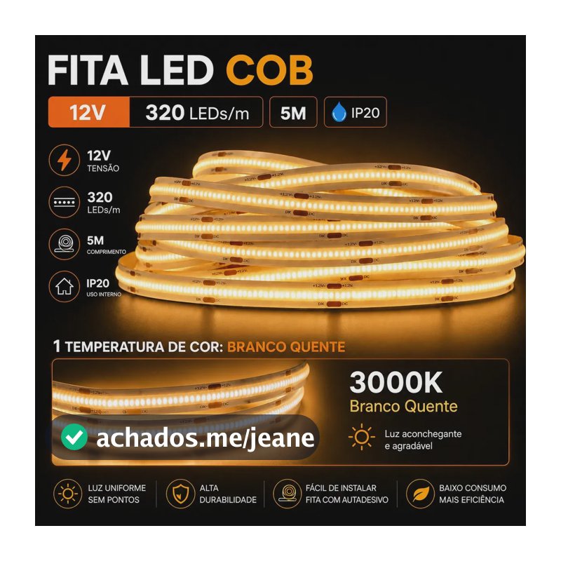 Fita LED COB 5m 12V Com Fonte 3000K Branco Quente 320 LEDs/m IP20 Luz Contínua Super Brilho para Quarto Móveis Sanca Decoração