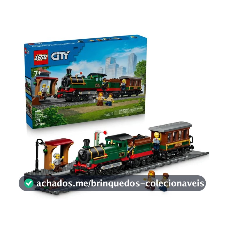 LEGO City Trem a Vapor Vintage 60511; Conjunto de construção de locomotiva a vapor para montar e brincar; Ideia de presente para crianças; 7+