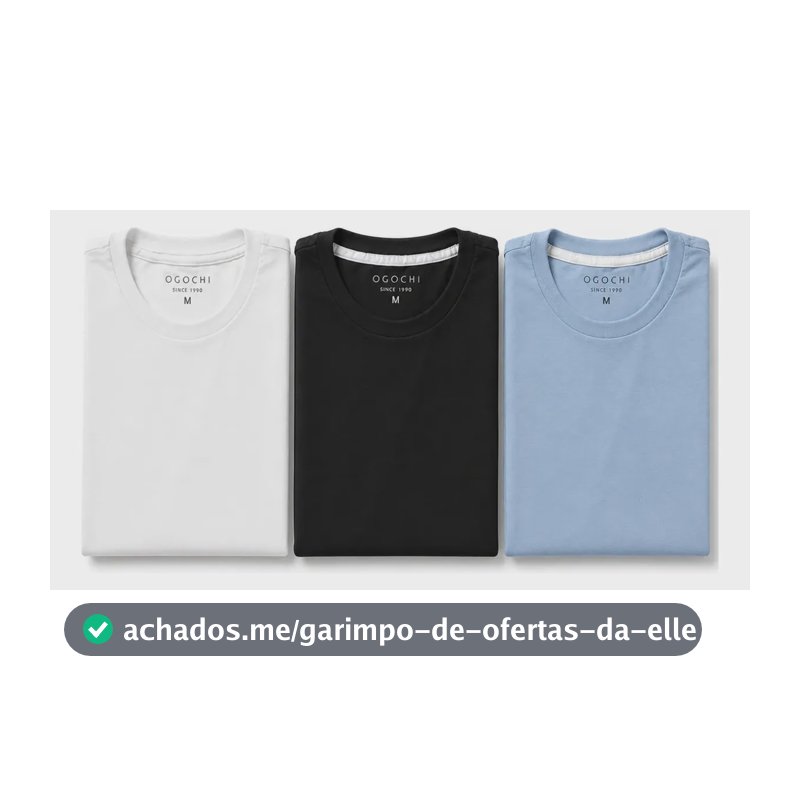 Kit 3 Camiseta Básica Ogochi Masculina Slim Original Algodão Preta | Branca | Azul Lisa M Liso