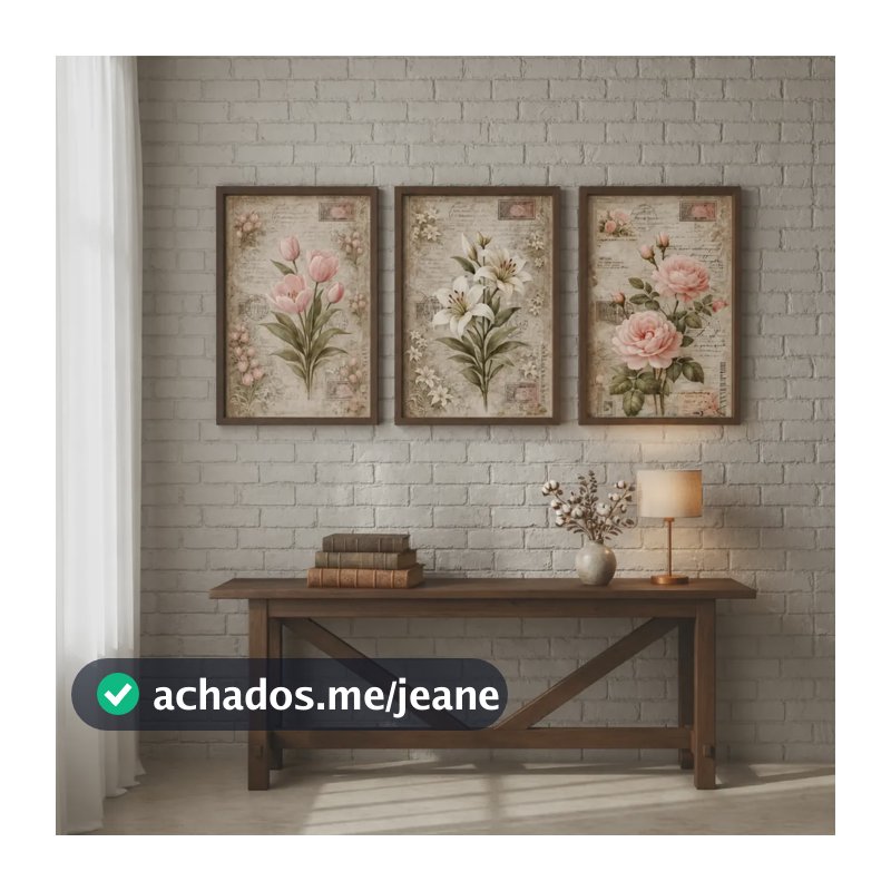 Kit 3 Quadros Decorativos Placas Quarto Flores Vintage Hall Moldura Tabaco