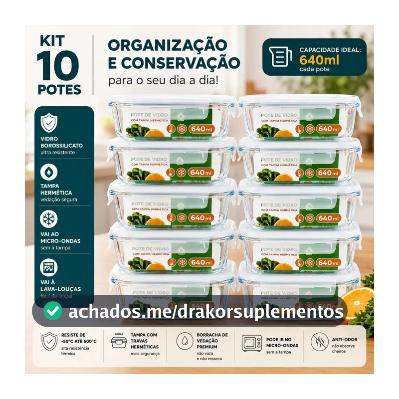 Kit 10 Potes Herméticos De Vidro 640ml Haushop Tampa Vedação Firme Para Geladeira E Despensa Organização Da Cozinha