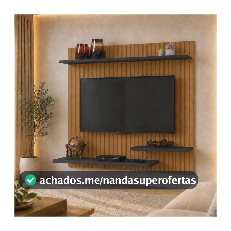 Painel Suspenso De Tv 32 Polegadas Moderno 90x90cm Para Sala Ripado Preto
