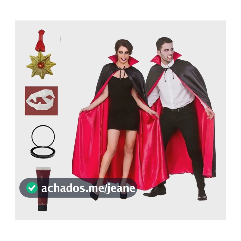 Fantasia Casal Vampiro Capa Maguiagem Dentadura E Colar Preto