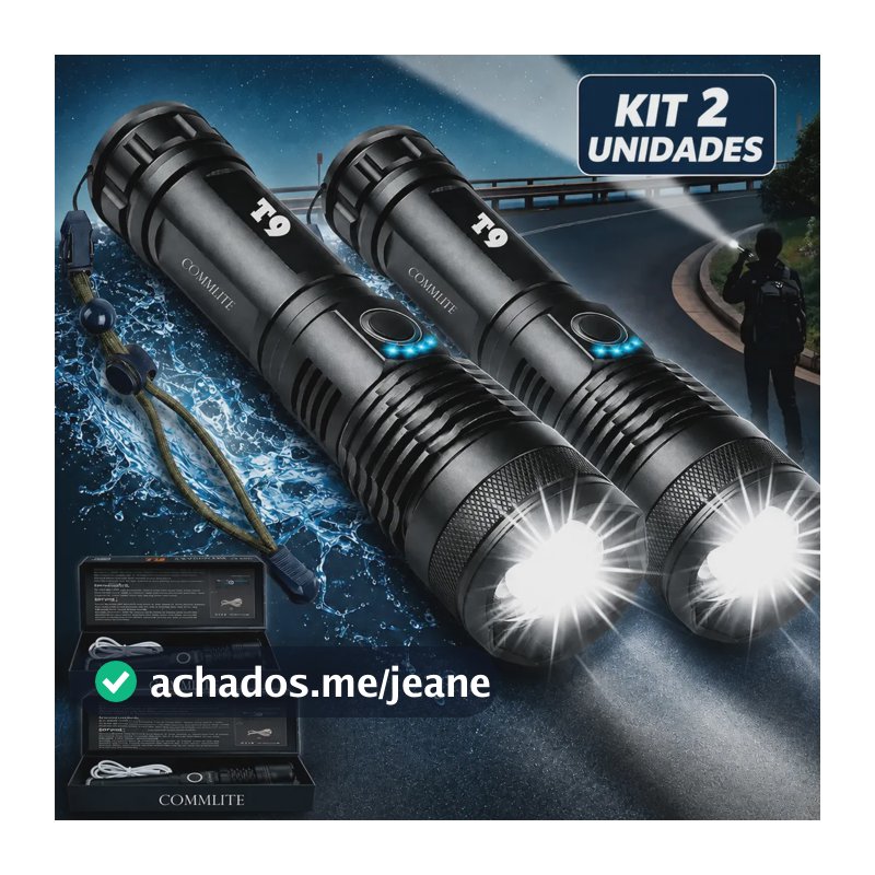 Kit 2 Unidades - Lanterna Tática Militar T9 Mais Forte Do Mundo Profissional Lanterna Potente Led Mais Forte Do Mundo Acampamento Viajens Caça Camping - Commlite Branco Preto