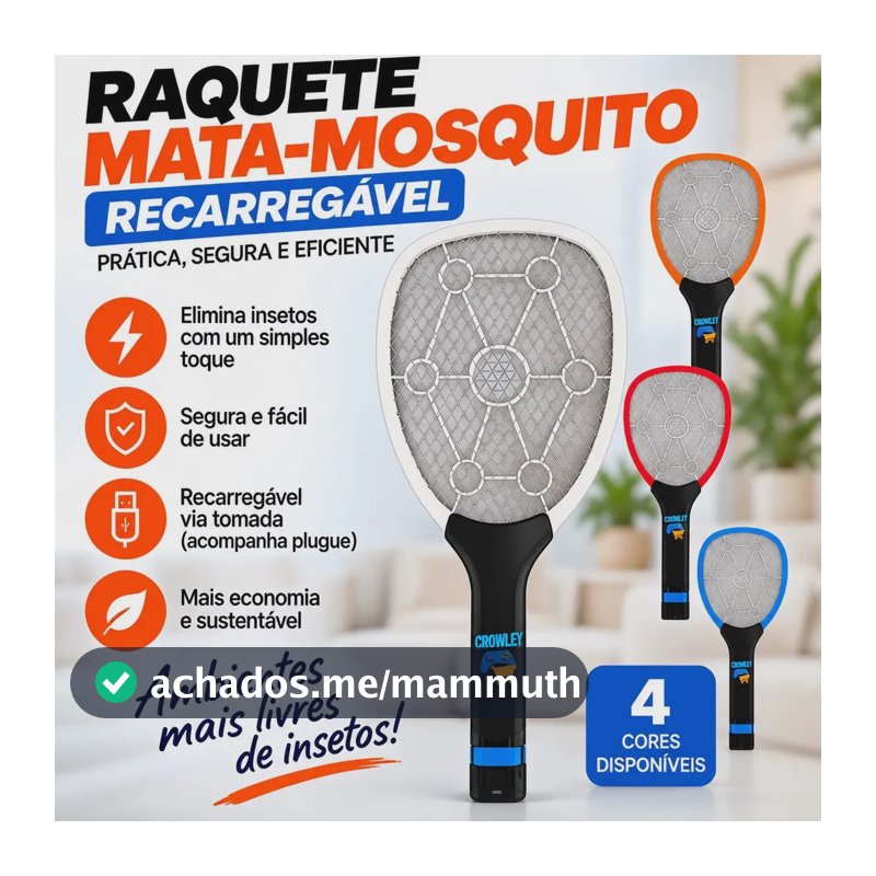 Raquete Elétrica Mata Mosquito Mosca Pernilongo Dengue Insetos Bateria Recarregavel Bivolt - Crowley