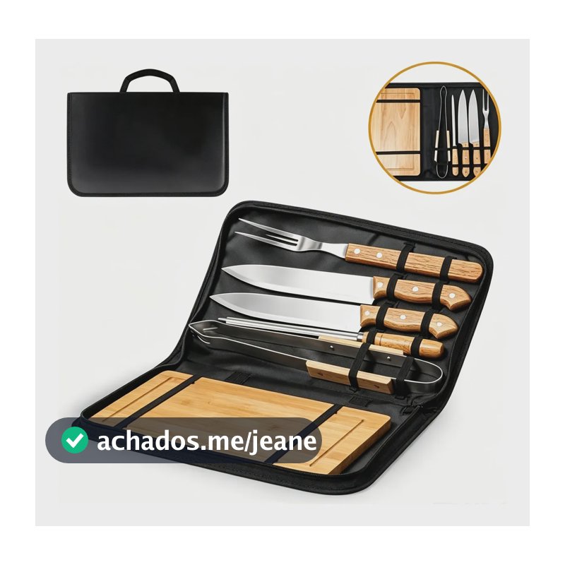 Kit Churrasco Aço Inox Faca Garfo Pegador Amolador