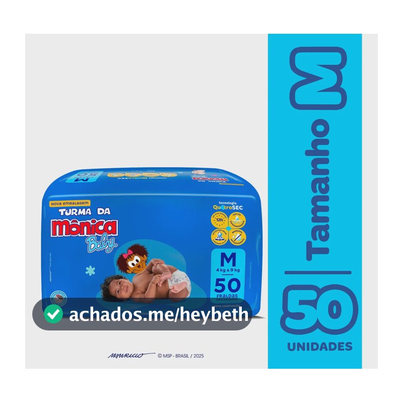 Fralda Descartável Turma da Mônica Baby M 50 Unidades 12 h