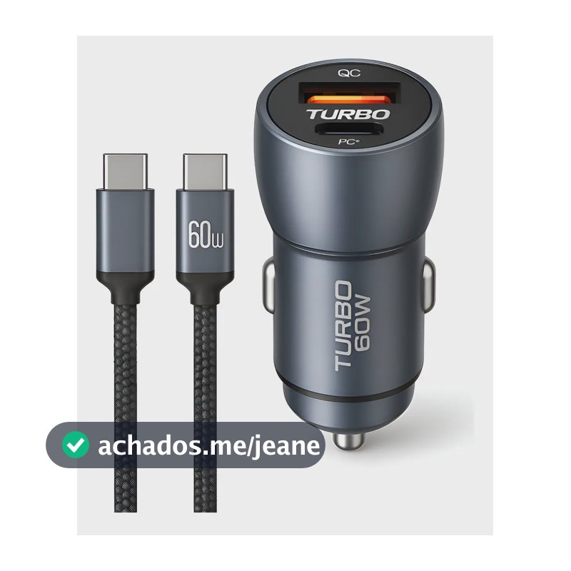 Carregador Veicular Turbo A'Gold 60W USB-C/USB Com Cabo Alumínio Cinza